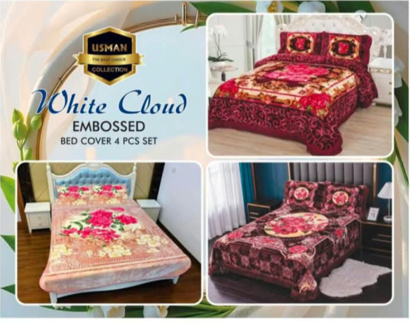 EMBOSSED-BED COVER 4PCS -SET-USMAN BRAND-WHITE CLOUD