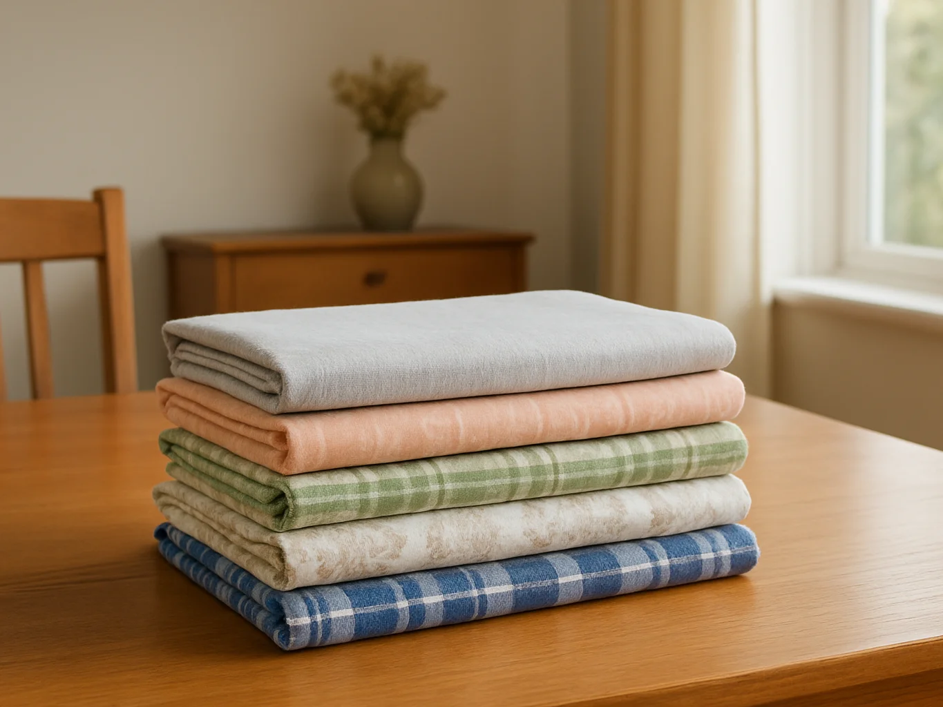 Natural-light product photograph of folded table sheets on a dini