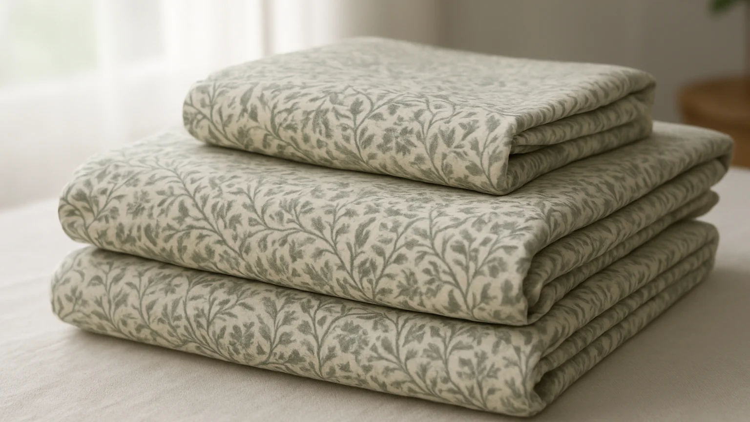 Natural-light product photograph of a folded bedsheet set with a